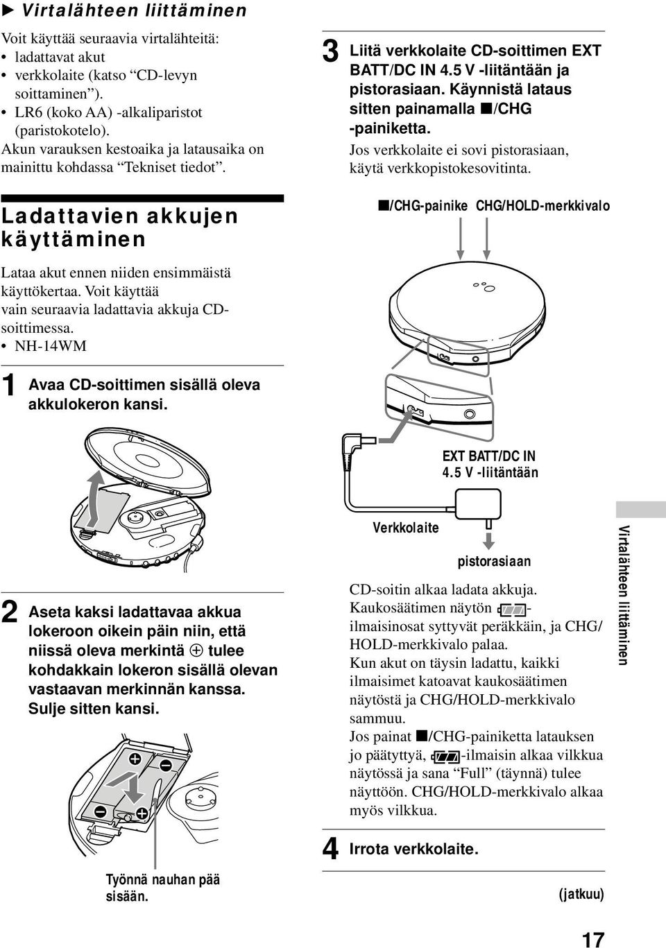 Voit käyttää vain seuraavia ladattavia akkuja CDsoittimessa. NH-14WM 1 Avaa CD-soittimen sisällä oleva akkulokeron kansi. 3 Liitä verkkolaite CD-soittimen EXT BATT/DC IN 4.