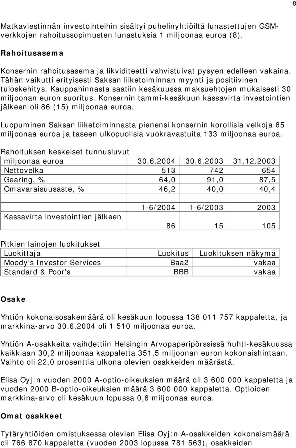 Kauppahinnasta saatiin kesäkuussa maksuehtojen mukaisesti 30 miljoonan euron suoritus. Konsernin tammi-kesäkuun kassavirta investointien jälkeen oli 86 (15) miljoonaa euroa.