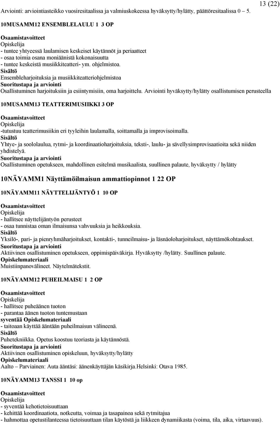 Ensembleharjoituksia ja musiikkiteatteriohjelmistoa Osallistuminen harjoituksiin ja esiintymisiin, oma harjoittelu.