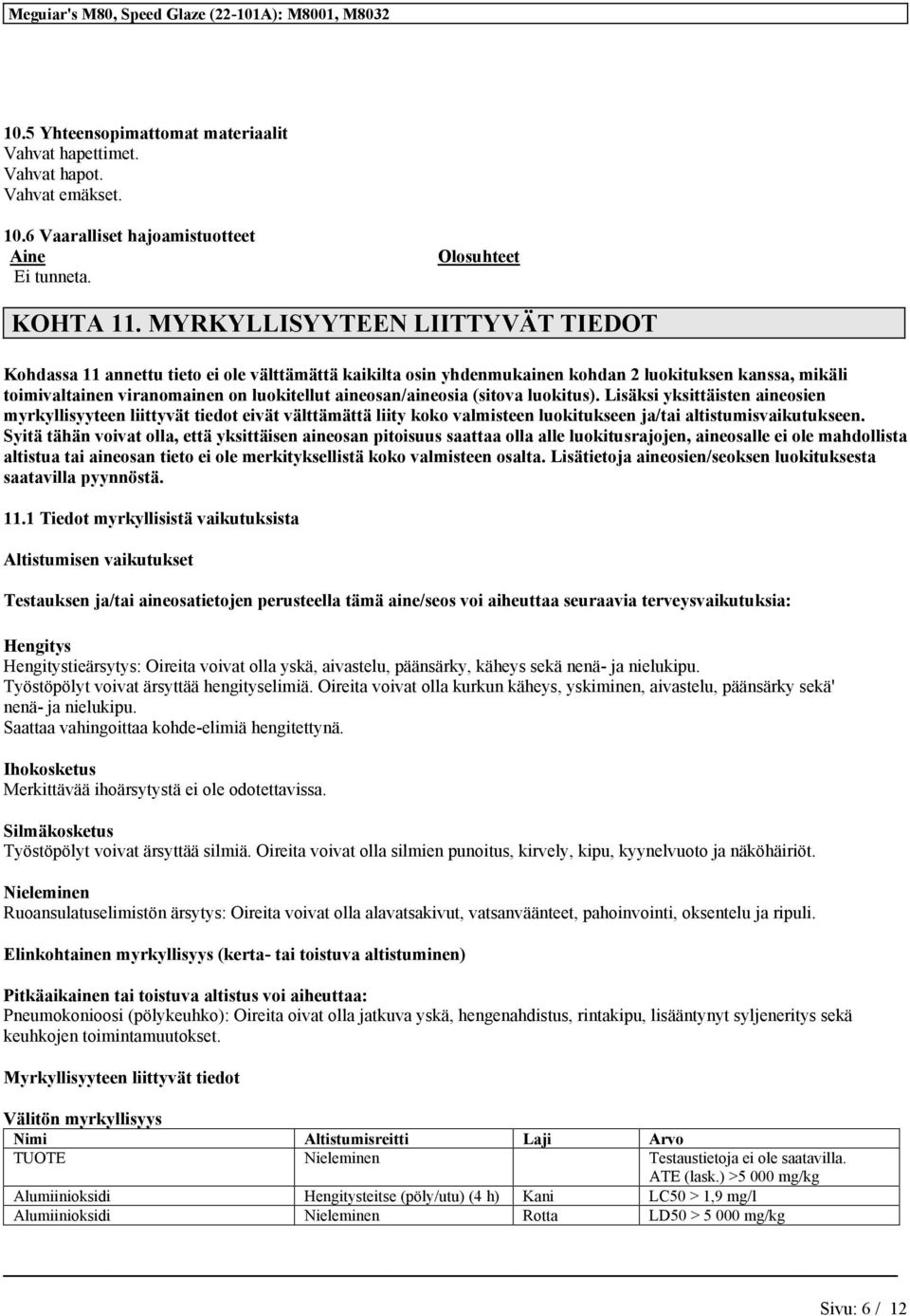 aineosan/aineosia (sitova luokitus). Lisäksi yksittäisten aineosien myrkyllisyyteen liittyvät tiedot eivät välttämättä liity koko valmisteen luokitukseen ja/tai altistumisvaikutukseen.