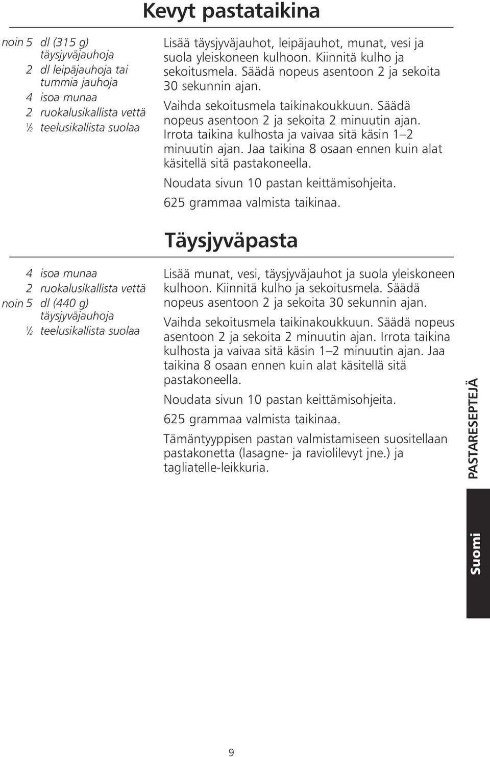 Säädä nopeus asentoon 2 ja sekoita 2 minuutin ajan. Irrota taikina kulhosta ja vaivaa sitä käsin 1 2 minuutin ajan. Jaa taikina 8 osaan ennen kuin alat käsitellä sitä pastakoneella.