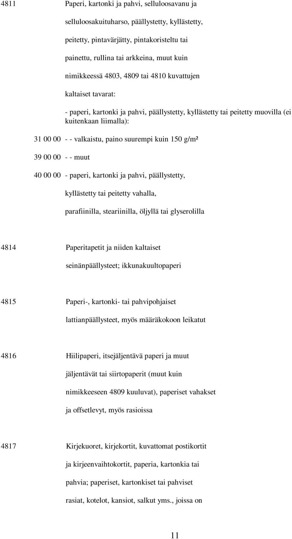 150 g/m² 39 00 00 - - muut 40 00 00 - paperi, kartonki ja pahvi, päällystetty, kyllästetty tai peitetty vahalla, parafiinilla, steariinilla, öljyllä tai glyserolilla 4814 Paperitapetit ja niiden