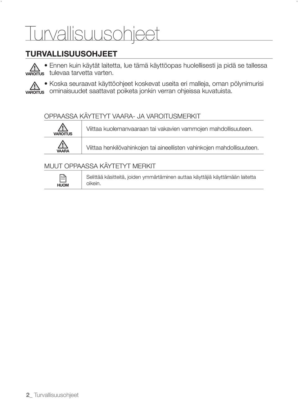 OPPAASSA KÄYTETYT - JA VAROITUSMERKIT VAROITUS Viittaa kuolemanvaaraan tai vakavien vammojen mahdollisuuteen.