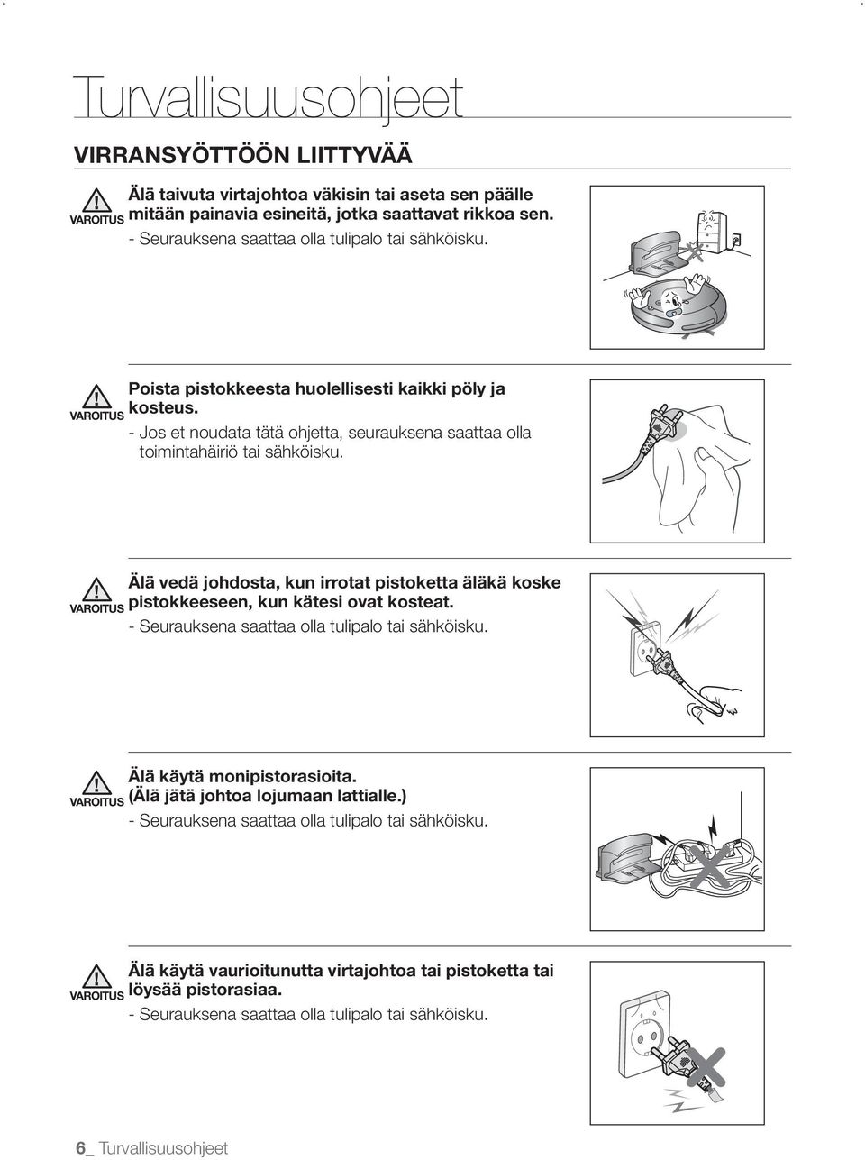- Jos et noudata tätä ohjetta, seurauksena saattaa olla toimintahäiriö tai sähköisku. VAROITUS Älä vedä johdosta, kun irrotat pistoketta äläkä koske pistokkeeseen, kun kätesi ovat kosteat.