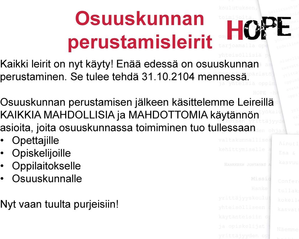 Osuuskunnan perustamisen jälkeen käsittelemme Leireillä KAIKKIA MAHDOLLISIA ja MAHDOTTOMIA