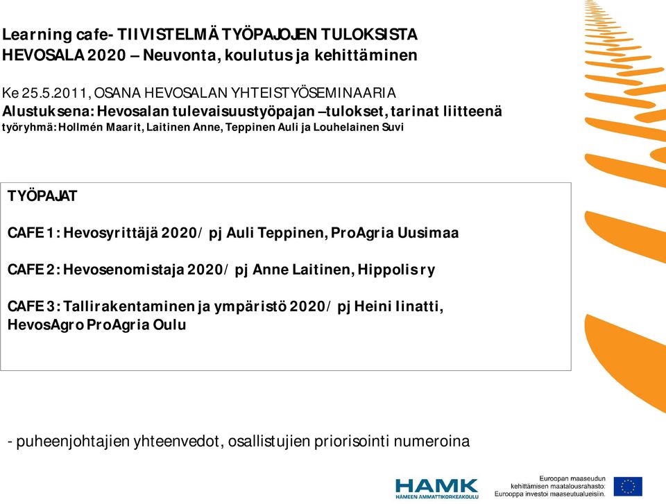 Laitinen Anne, Teppinen Auli ja Louhelainen Suvi TYÖPAJAT CAFE 1: Hevosyrittäjä 2020/ pj Auli Teppinen, ProAgria Uusimaa CAFE 2: Hevosenomistaja