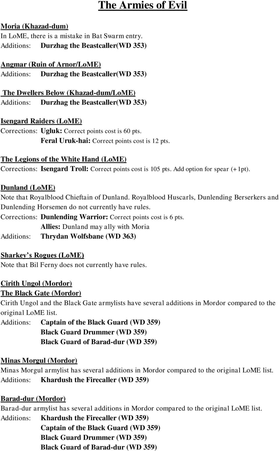 Isengard Raiders (LoME) Corrections: Ugluk: Correct points cost is 60 pts. Feral Uruk-hai: Correct points cost is 12 pts.