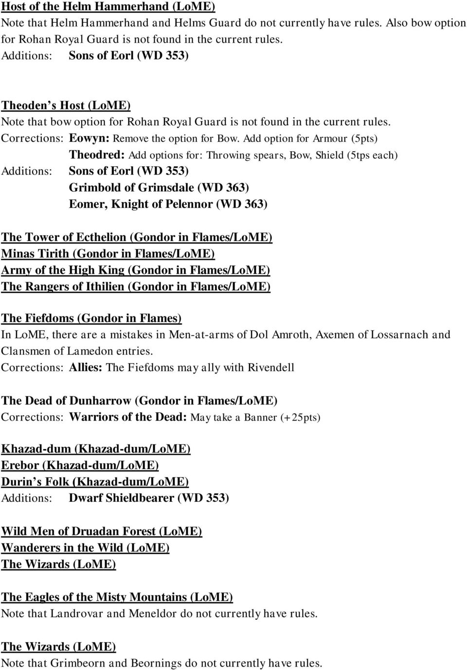 Add option for Armour (5pts) Theodred: Add options for: Throwing spears, Bow, Shield (5tps each) Additions: Sons of Eorl (WD 353) Grimbold of Grimsdale (WD 363) Eomer, Knight of Pelennor (WD 363) The