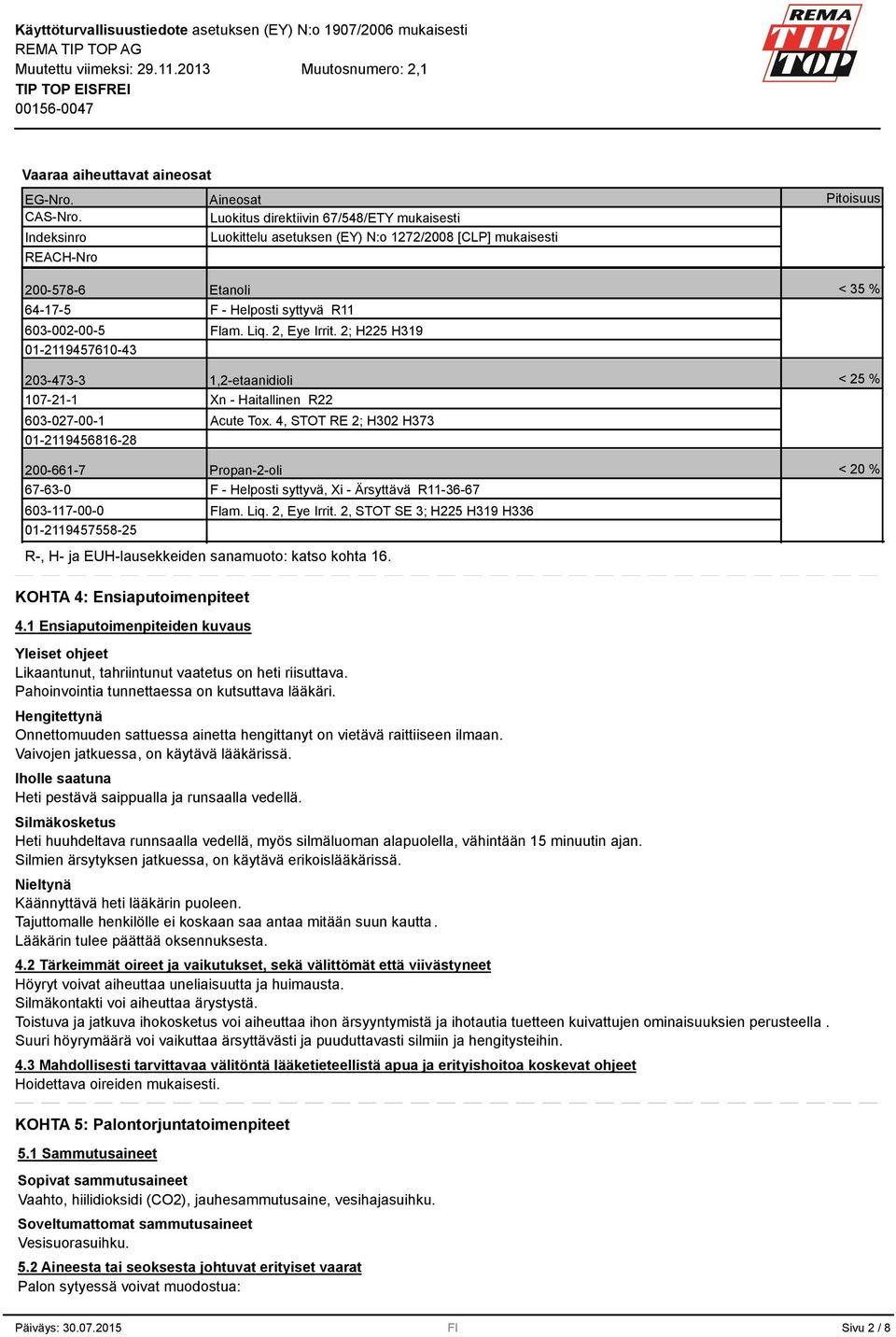 60-027-00-1 01-2119456816-28 Etanoli F - Helposti syttyvä R11 Flam. Liq. 2, Eye Irrit. 2; H225 H19 1,2-etaanidioli Xn - Haitallinen R22 Acute Tox.