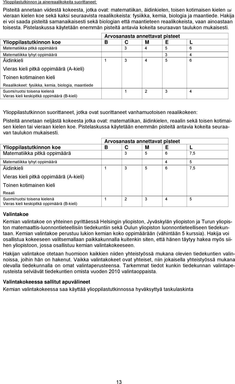 Pistelaskussa käytetään enemmän pisteitä antavia kokeita seuraavan taulukon mukaisesti.