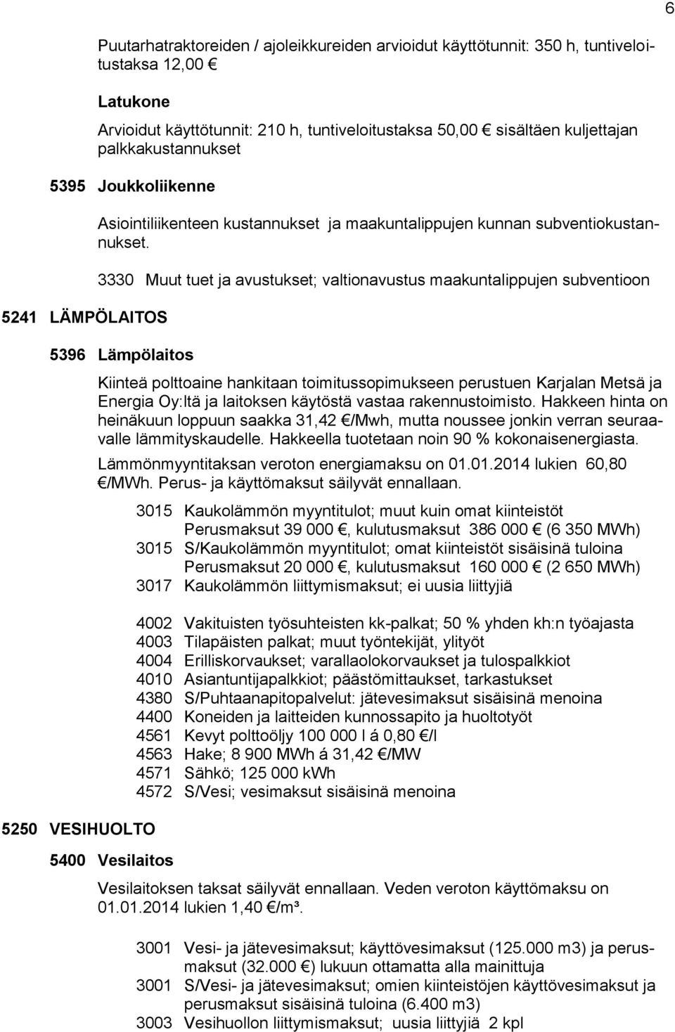 3330 Muut tuet ja avustukset; valtionavustus maakuntalippujen subventioon 5396 Lämpölaitos 5250 VESIHUOLTO Kiinteä polttoaine hankitaan toimitussopimukseen perustuen Karjalan Metsä ja Energia Oy:ltä