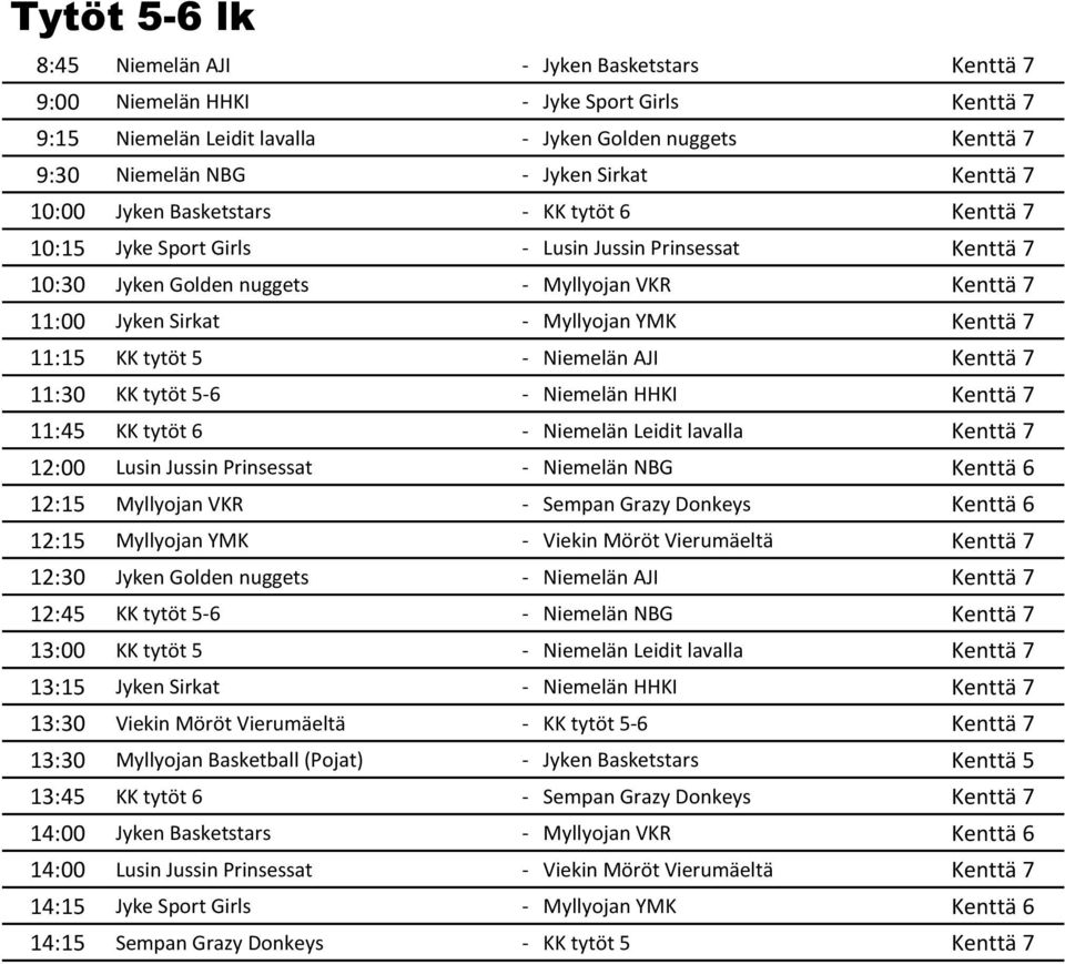 Myllyojan YMK Kenttä 7 11:15 KK tytöt 5 - Niemelän AJI Kenttä 7 11:30 KK tytöt 5-6 - Niemelän HHKI Kenttä 7 11:45 KK tytöt 6 - Niemelän Leidit lavalla Kenttä 7 12:00 Lusin Jussin Prinsessat -