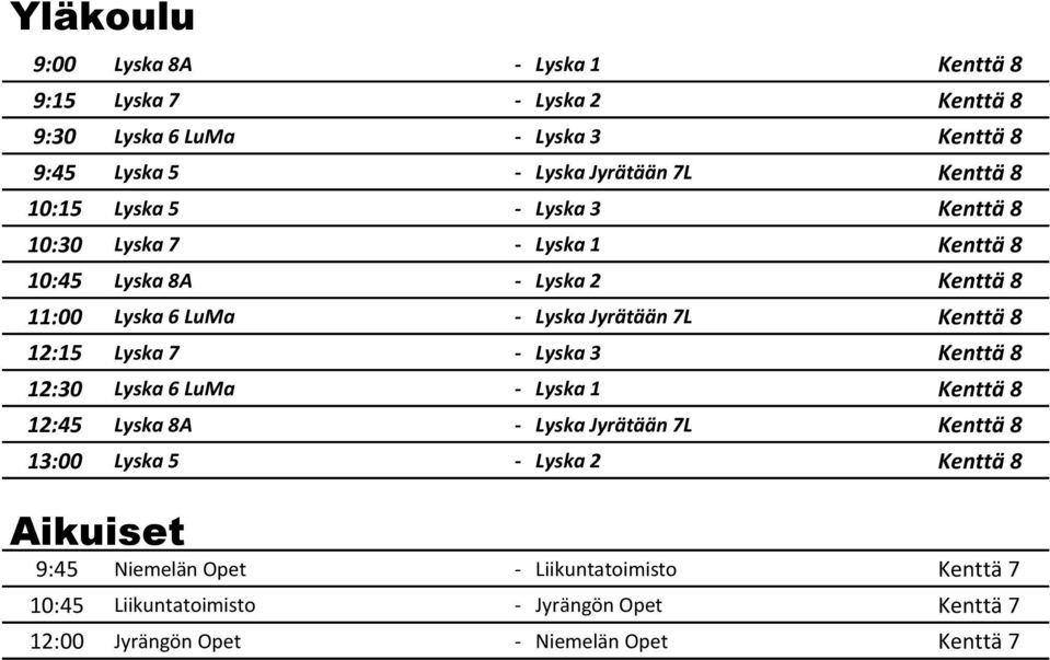 Kenttä 8 12:15 Lyska 7 - Lyska 3 Kenttä 8 12:30 Lyska 6 LuMa - Lyska 1 Kenttä 8 12:45 Lyska 8A - Lyska Jyrätään 7L Kenttä 8 13:00 Lyska 5 - Lyska 2