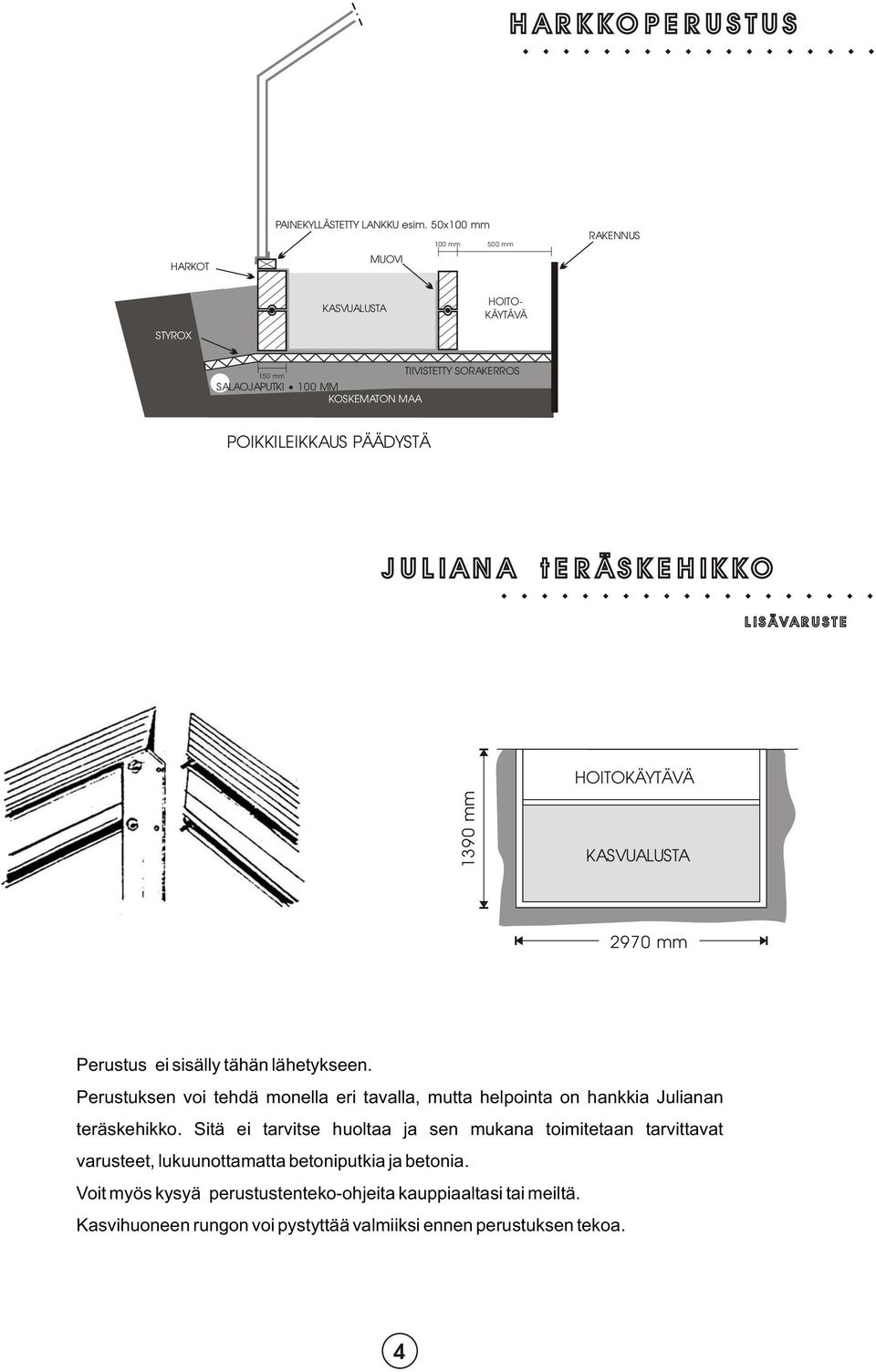 JULIANA teräskehikko LISÄVARUSTE HOITOKÄYTÄVÄ 1390 mm KASVUALUSTA 2970 mm Perustus ei sisälly tähän lähetykseen.