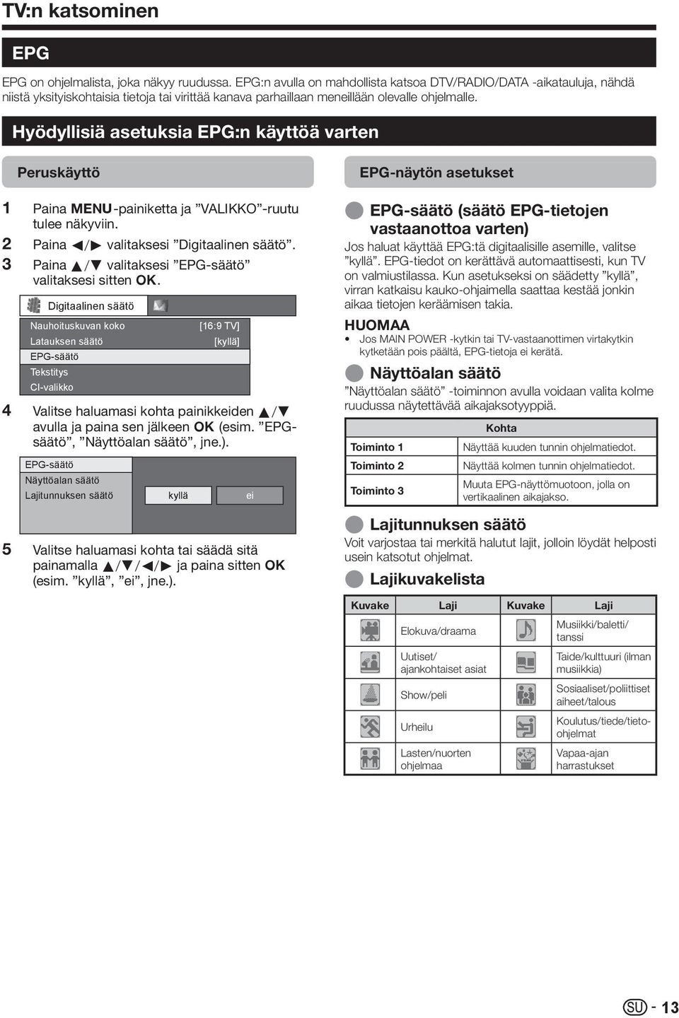 Hyödyllisiä asetuksia EPG:n käyttöä varten 1 2 3 4 5 Peruskäyttö Paina @-painiketta ja VALIKKO -ruutu tulee näkyviin. Paina c/d valitaksesi Digitaalinen säätö.