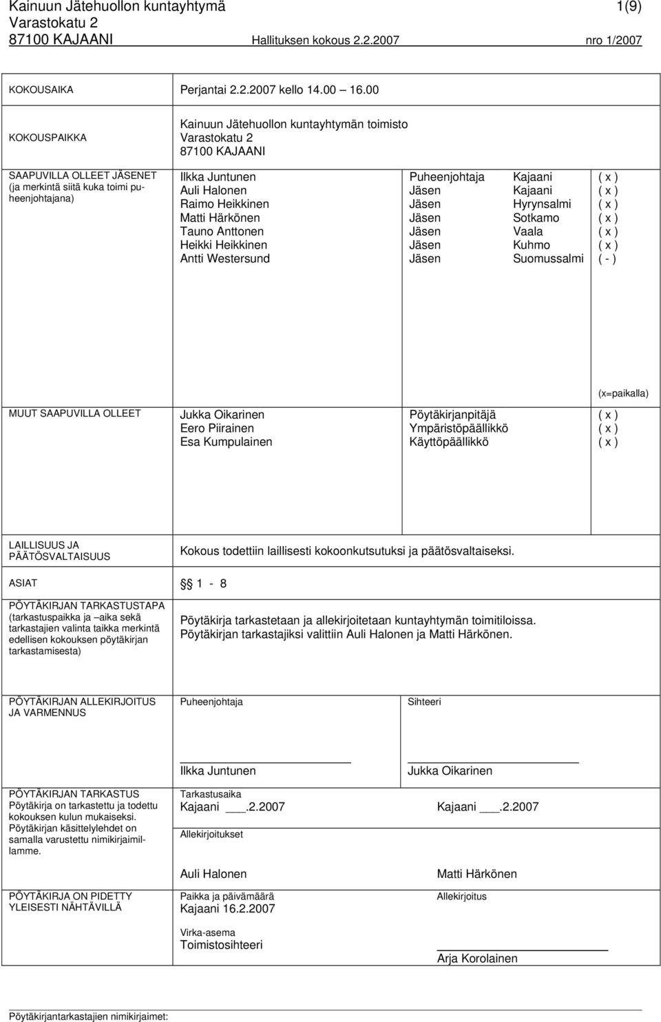 Härkönen Tauno Anttonen Heikki Heikkinen Antti Westersund Puheenjohtaja Kajaani Kajaani Hyrynsalmi Sotkamo Vaala Kuhmo Suomussalmi ( - ) (x=paikalla) MUUT SAAPUVILLA OLLEET Jukka Oikarinen Eero