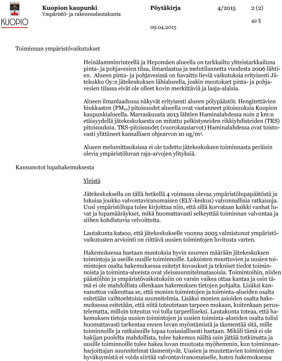 Alueen pinta- ja pohjavesissä on havaittu lieviä vaikutuksia erityisesti Jätekukko Oy:n jätekeskuksen lähialueella, joskin muutokset pinta- ja pohjavesien tilassa eivät ole olleet kovin merkittäviä