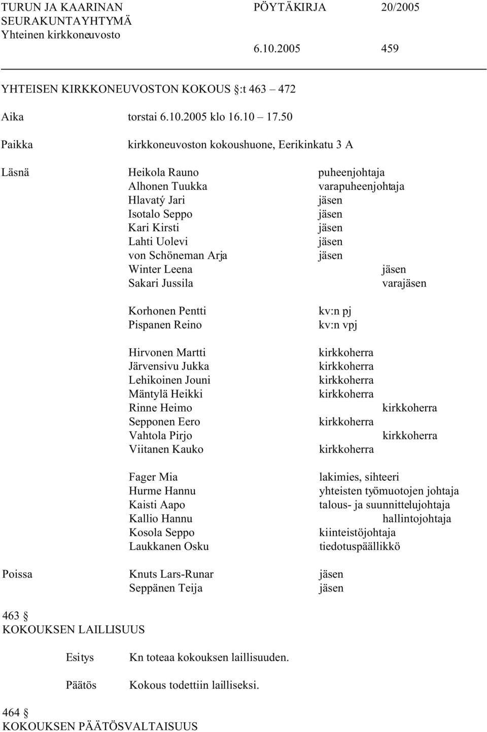 Leena Sakari Jussila vara Korhonen Pentti Pispanen Reino Hirvonen Martti Järvensivu Jukka Lehikoinen Jouni Mäntylä Heikki Rinne Heimo Sepponen Eero Vahtola Pirjo Viitanen Kauko kv:n pj kv:n vpj Fager