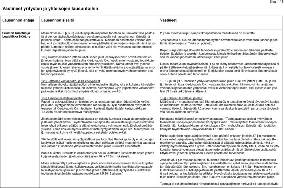 Maininnan perusteella voidaan olettaa, että jos jätehuoltoviranomainen ei tee päätöstä jätteenkuljetusjärjestelmästä tai jos päätös kumotaan hallinto-oikeudessa, niin silloin voisi olla voimassa