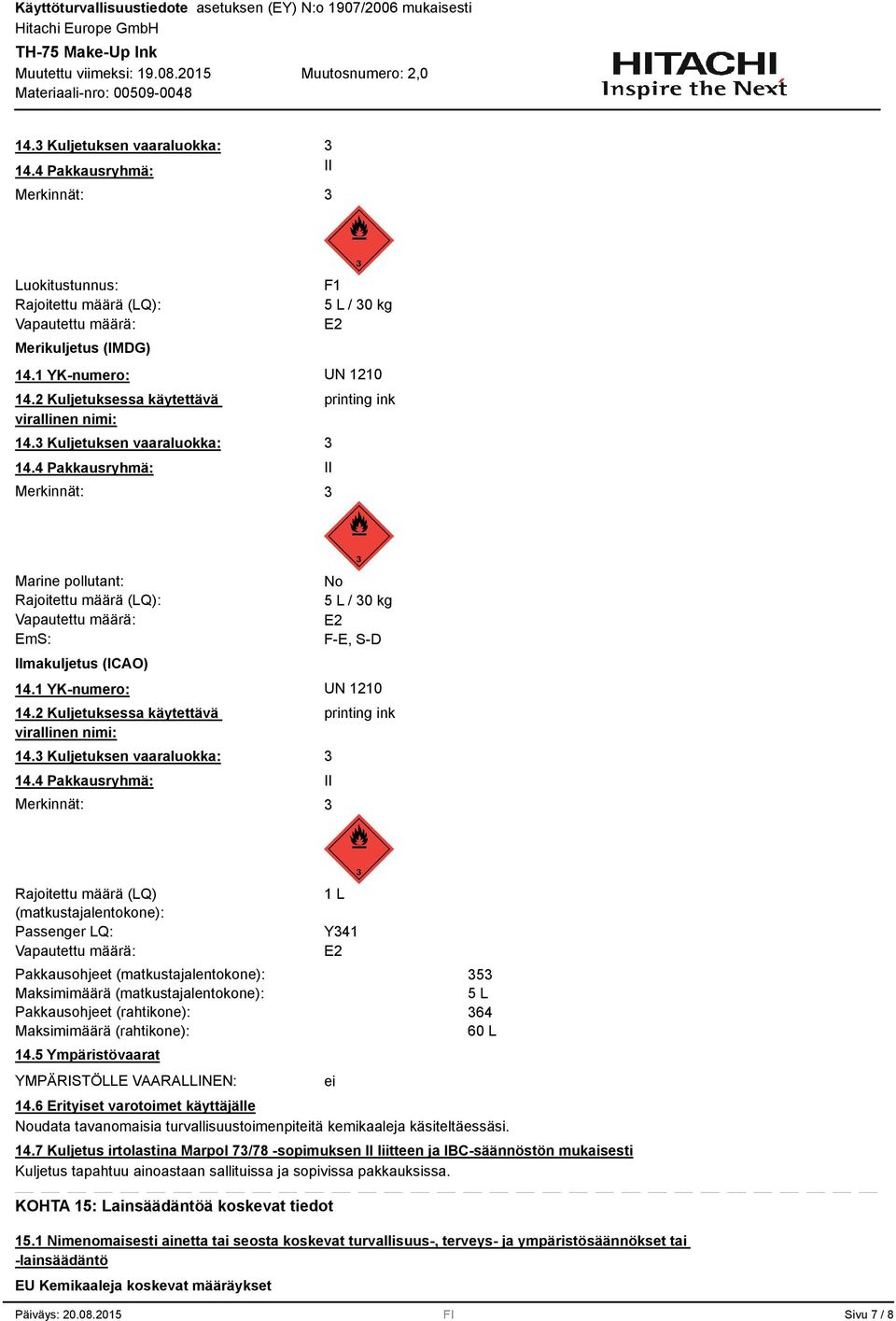 4 Pakkausryhmä: Merkinnät: printing ink II Marine pollutant: Rajoitettu määrä (LQ): Vapautettu määrä: EmS: Ilmakuljetus (ICAO) No 5 L / 0 kg E2 F-E, S-D 14.1 YK-numero: UN 1210 14.