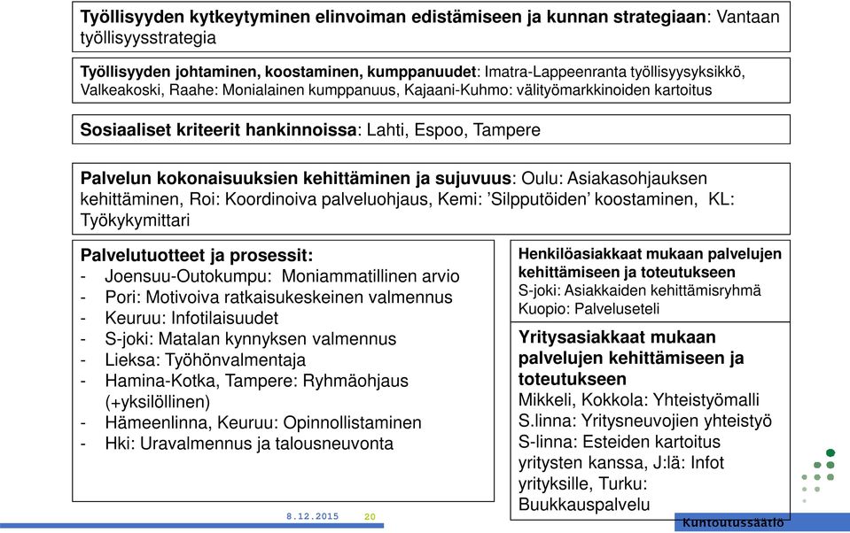 Oulu: Asiakasohjauksen kehittäminen, Roi: Koordinoiva palveluohjaus, Kemi: Silpputöiden koostaminen, KL: Työkykymittari Palvelutuotteet ja prosessit: - Joensuu-Outokumpu: Moniammatillinen arvio -