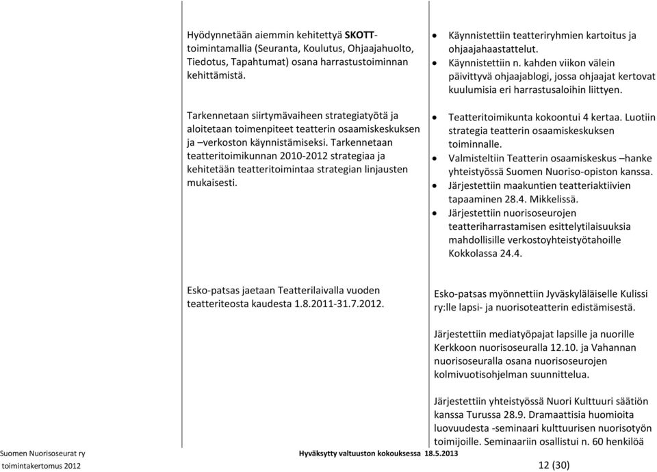 Tarkennetaan teatteritoimikunnan 2010-2012 strategiaa ja kehitetään teatteritoimintaa strategian linjausten mukaisesti. Käynnistettiin teatteriryhmien kartoitus ja ohjaajahaastattelut.