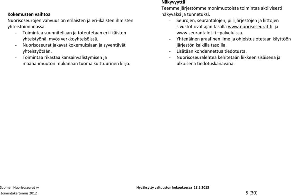 Näkyvyyttä Teemme järjestömme monimuotoista toimintaa aktiivisesti näkyväksi ja tunnetuksi. - Seurojen, seurantalojen, piirijärjestöjen ja liittojen sivustot ovat ajan tasalla www.nuorisoseurat.