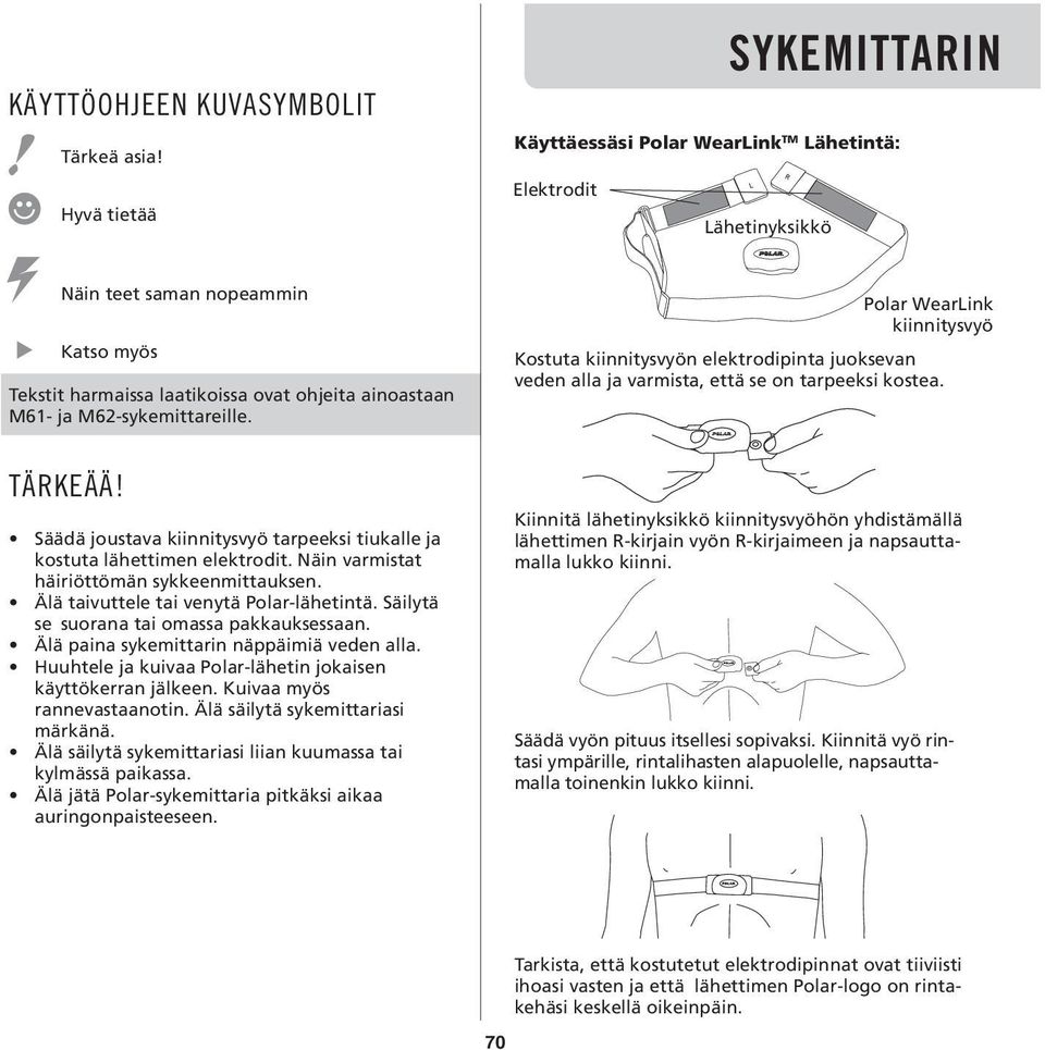 M62-sykemittareille. Polar WearLink kiinnitysvyö Kostuta kiinnitysvyön elektrodipinta juoksevan veden alla ja varmista, että se on tarpeeksi kostea. TÄRKEÄÄ!