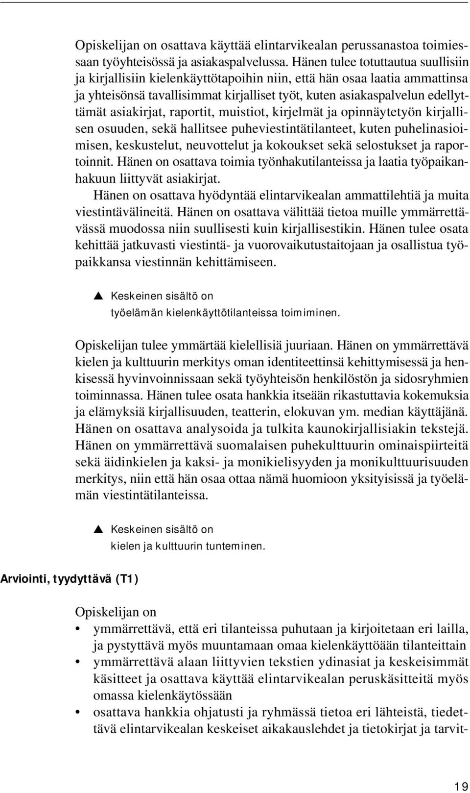 asiakirjat, raportit, muistiot, kirjelmät ja opinnäytetyön kirjallisen osuuden, sekä hallitsee puheviestintätilanteet, kuten puhelinasioimisen, keskustelut, neuvottelut ja kokoukset sekä selostukset