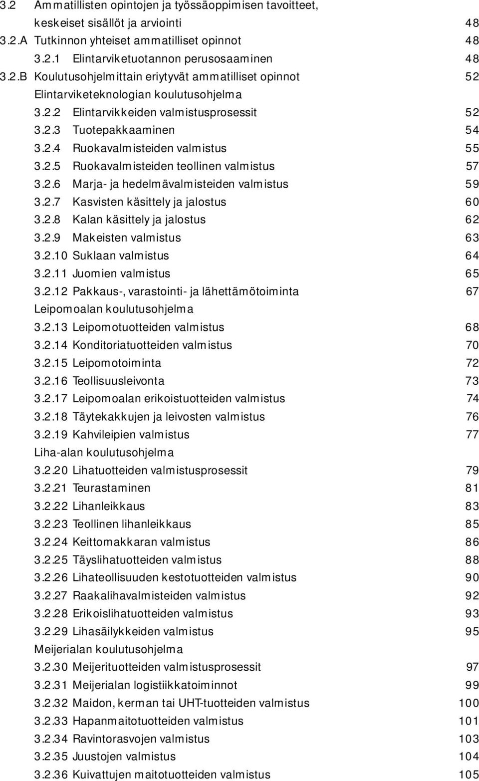 2.7 Kasvisten käsittely ja jalostus 60 3.2.8 Kalan käsittely ja jalostus 62 3.2.9 Makeisten valmistus 63 3.2.10 Suklaan valmistus 64 3.2.11 Juomien valmistus 65 3.2.12 Pakkaus-, varastointi- ja lähettämötoiminta 67 Leipomoalan koulutusohjelma 3.