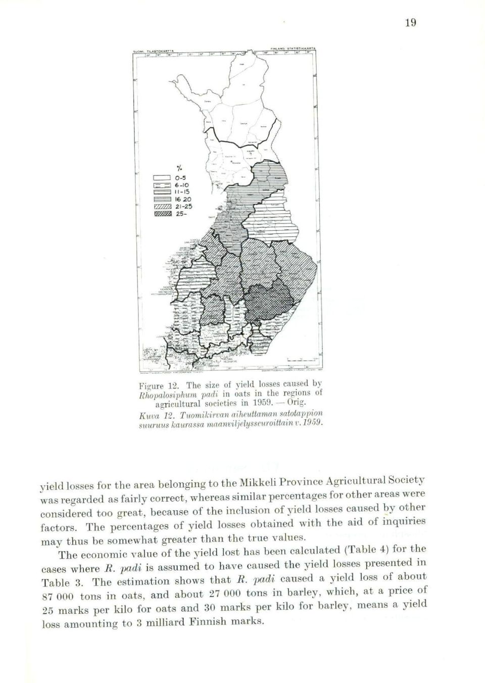 yield losses for the area belonging to the Mikkeli Province Agricultural Society was regarded as fairly correct, whereas similar percentages for other areas were considered too great, because of the