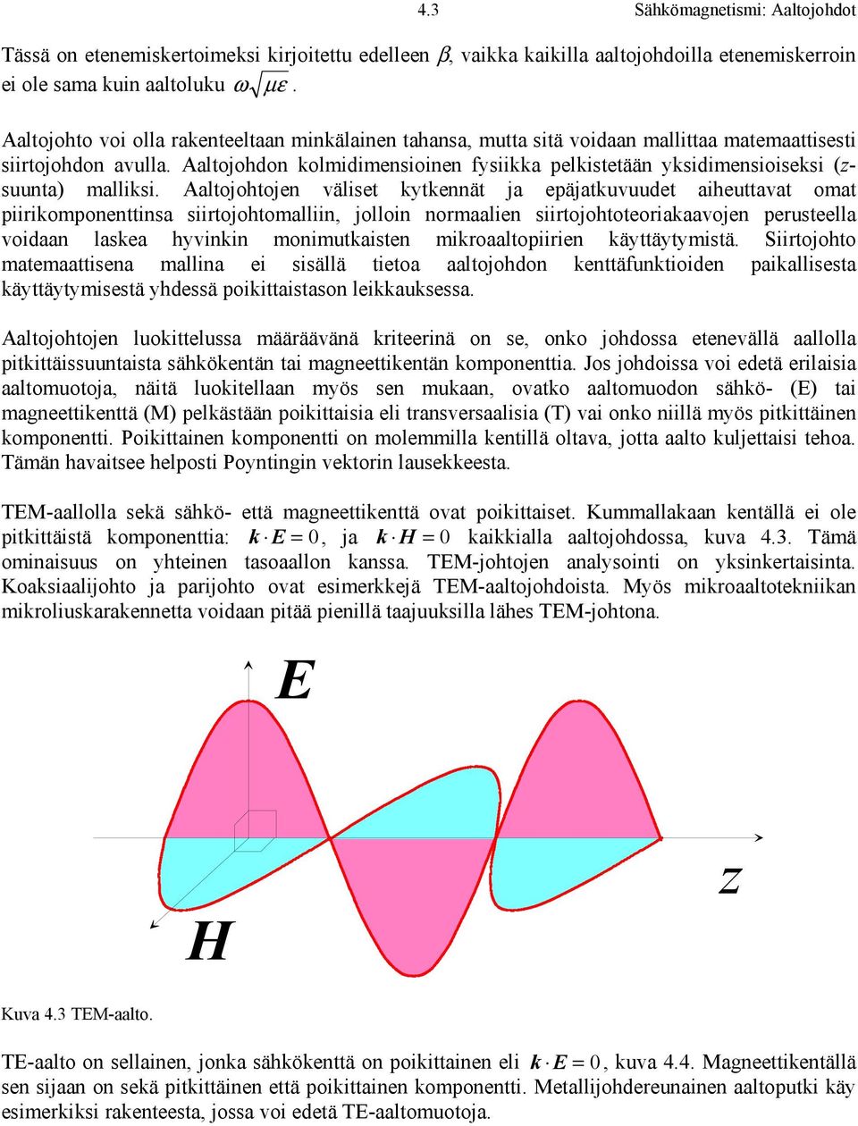 Aaltojohdon kolidiensioinen fysiikka pelkistetään yksidiensioiseksi (zsuunta alliksi.