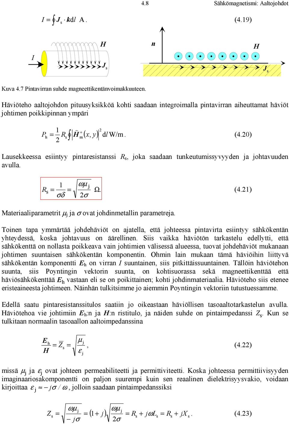 0 Lausekkeessa esiintyy pintaresistanssi R s, joka saadaan tunkeutuissyvyyden ja johtavuuden avulla. R s 1 = = σδ ωµ j σ Ω. (4.1 Materiaaliparaetrit µ j ja σ ovat johdinetallin paraetreja.