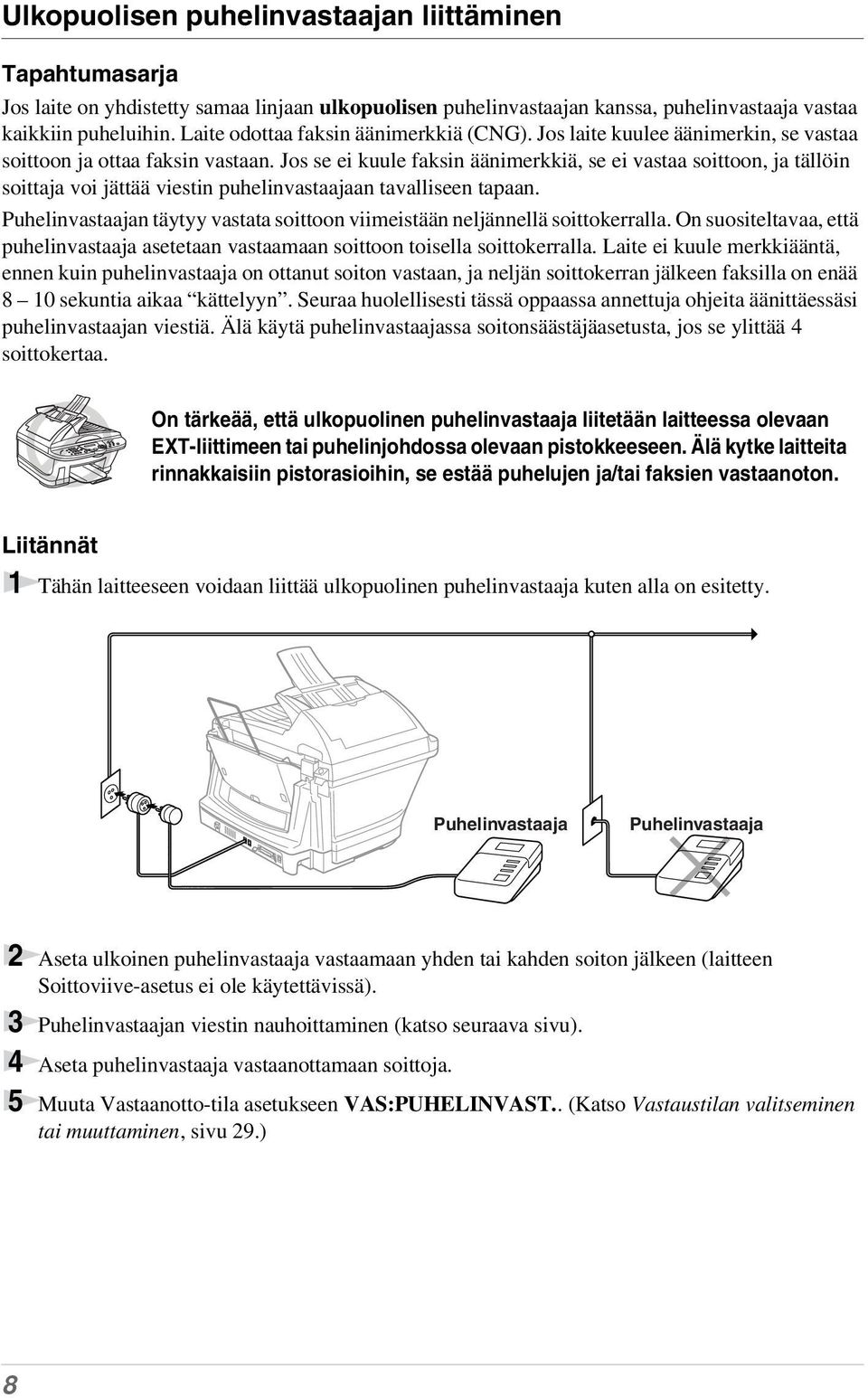 Jos se ei kuule faksin äänimerkkiä, se ei vastaa soittoon, ja tällöin soittaja voi jättää viestin puhelinvastaajaan tavalliseen tapaan.