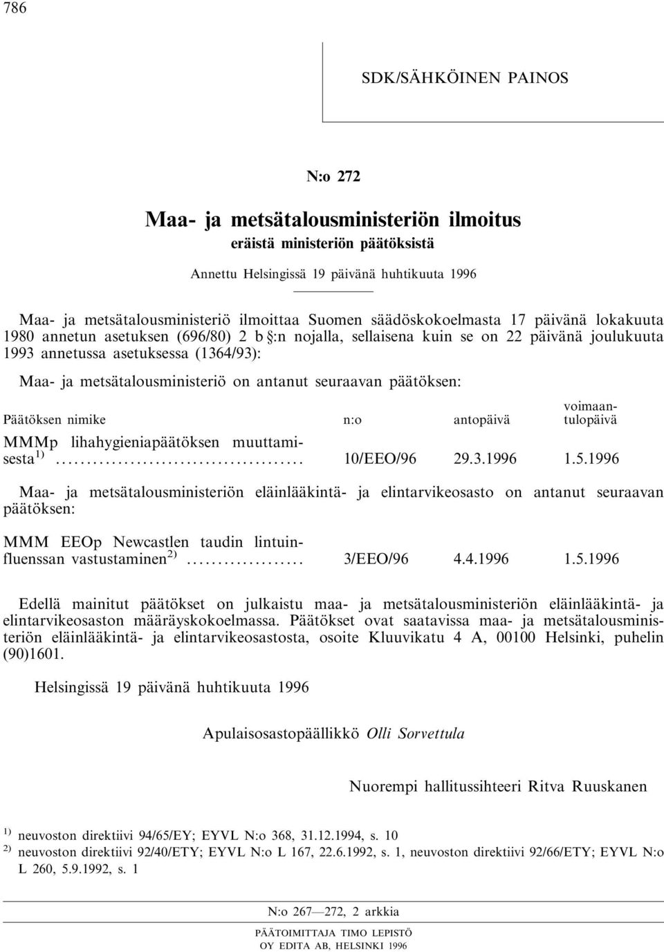 on antanut seuraavan päätöksen: voimaan- Päätöksen nimike n:o antopäivä tulopäivä MMMp lihahygieniapäätöksen muuttamisesta 1)... 10/EEO/96 29.3.1996 1.5.