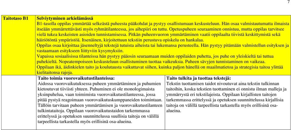 Opetuspuheen seuraaminen onnistuu, mutta oppilas tarvitsee vielä tukea keskeisten asioiden tunnistamisessa.