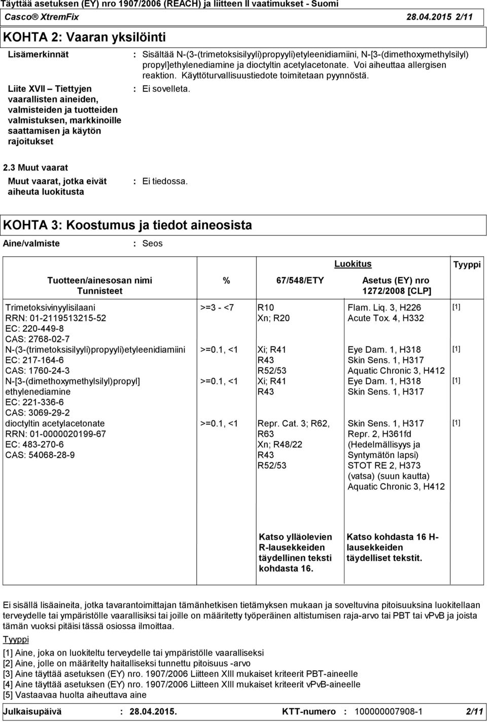 N(3(trimetoksisilyyli)propyyli)etyleenidiamiini, N[3(dimethoxymethylsilyl) propyl]ethylenediamine ja dioctyltin acetylacetonate. Voi aiheuttaa allergisen reaktion.