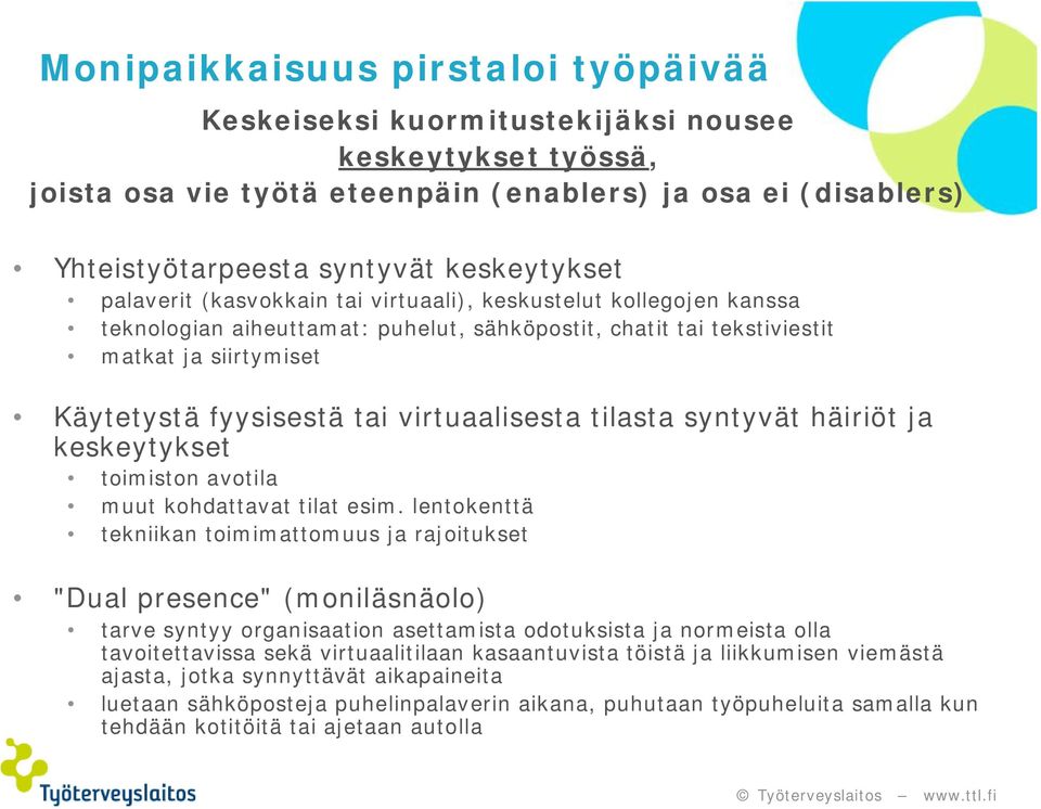 virtuaalisesta tilasta syntyvät häiriöt ja keskeytykset toimiston avotila muut kohdattavat tilat esim.