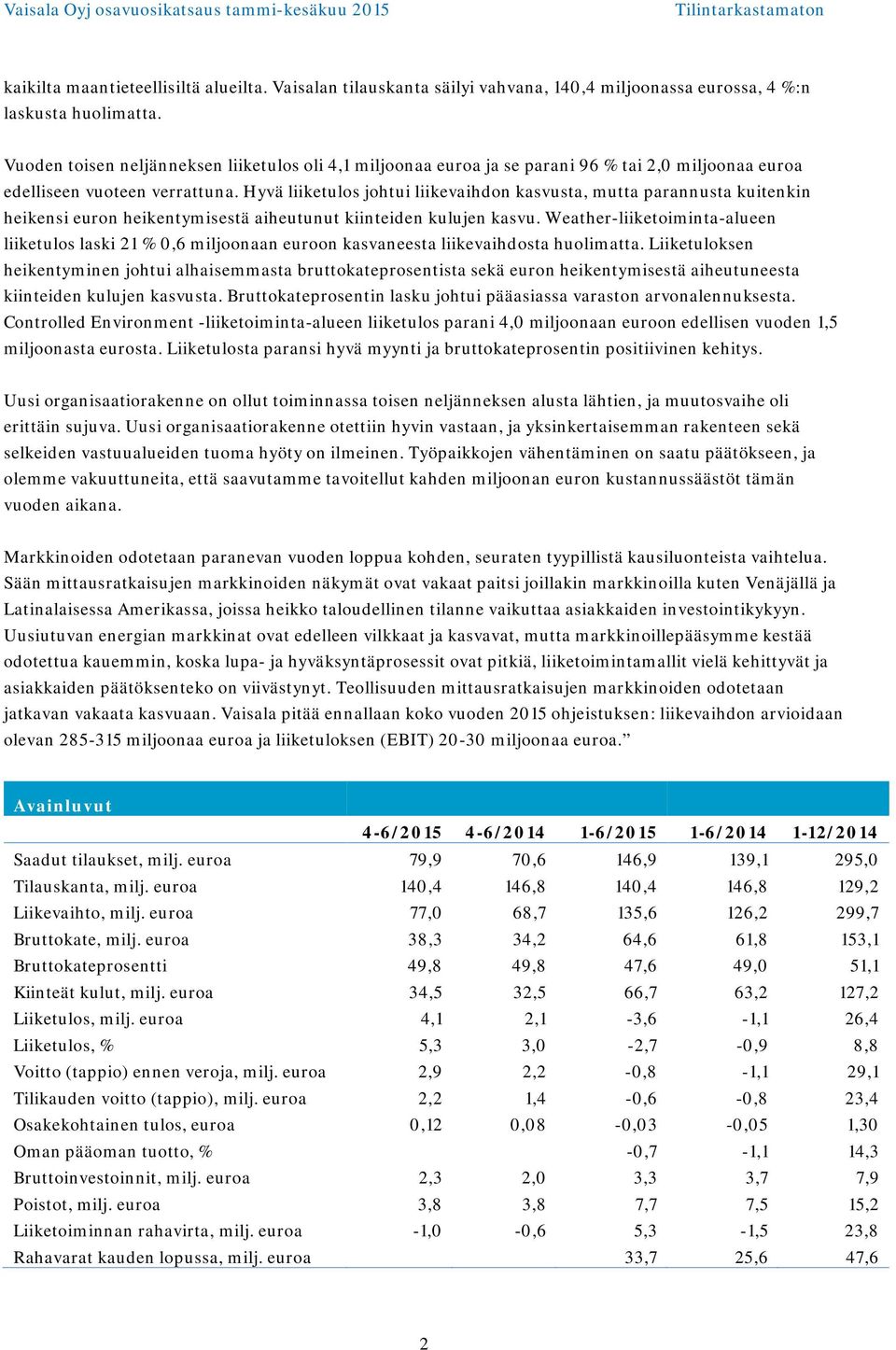 Hyvä liiketulos johtui liikevaihdon kasvusta, mutta parannusta kuitenkin heikensi euron heikentymisestä aiheutunut kiinteiden kulujen kasvu.