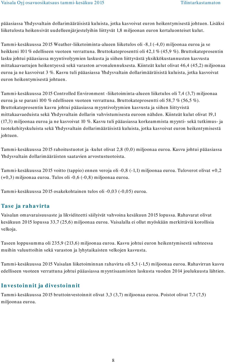 Tammi-kesäkuussa Weather-liiketoiminta-alueen liiketulos oli -8,1 (-4,0) miljoonaa euroa ja se heikkeni 101 % edelliseen vuoteen verrattuna. Bruttokateprosentti oli 42,1 % (45,9 %).