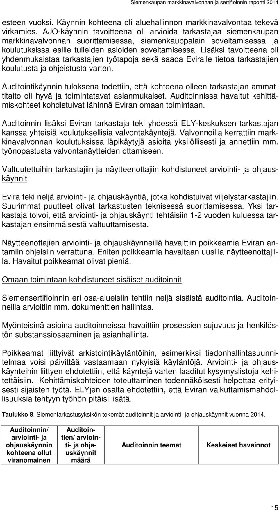Lisäksi tavoitteena oli yhdenmukaistaa tarkastajien työtapoja sekä saada Eviralle tietoa tarkastajien koulutusta ja ohjeistusta varten.