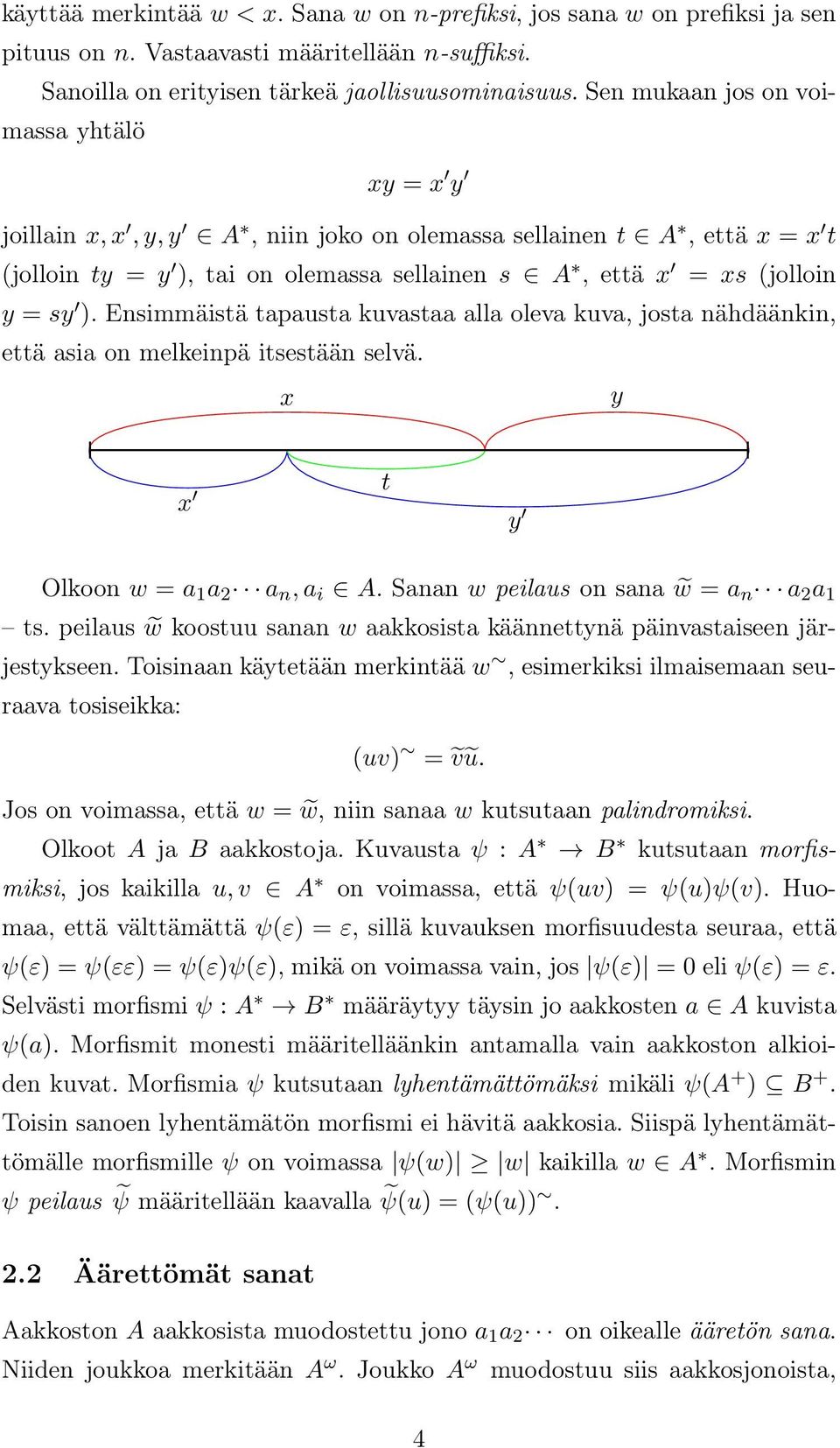 Ensimmäistä tapausta kuvastaa alla oleva kuva, josta nähdäänkin, että asia on melkeinpä itsestään selvä. x y x t y Olkoon w = a 1 a 2 a n, a i A. Sanan w peilaus on sana w = a n a 2 a 1 ts.