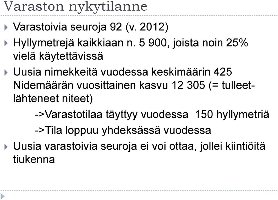 Nidemäärän vuosittainen kasvu 12 305 (= tulleetlähteneet niteet) ->Varastotilaa täyttyy