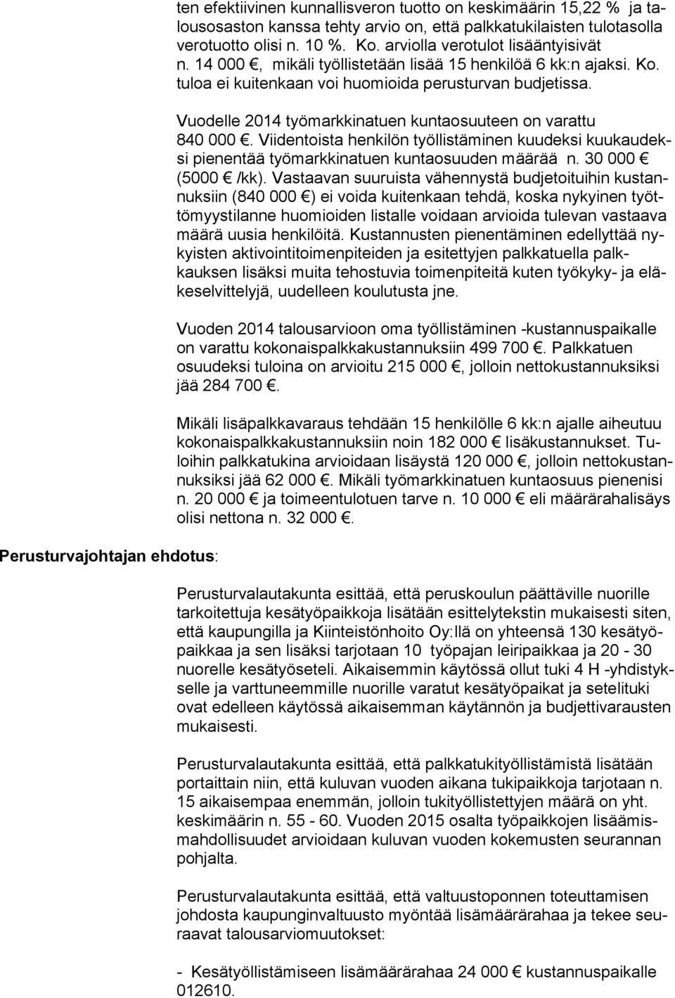 Vuodelle 2014 työmarkkinatuen kuntaosuuteen on varattu 840 000. Viidentoista henkilön työllistäminen kuudeksi kuukaudeksi pie nentää työ mark ki na tuen kun ta osuu den määrää n. 30 000 (5000 /kk).