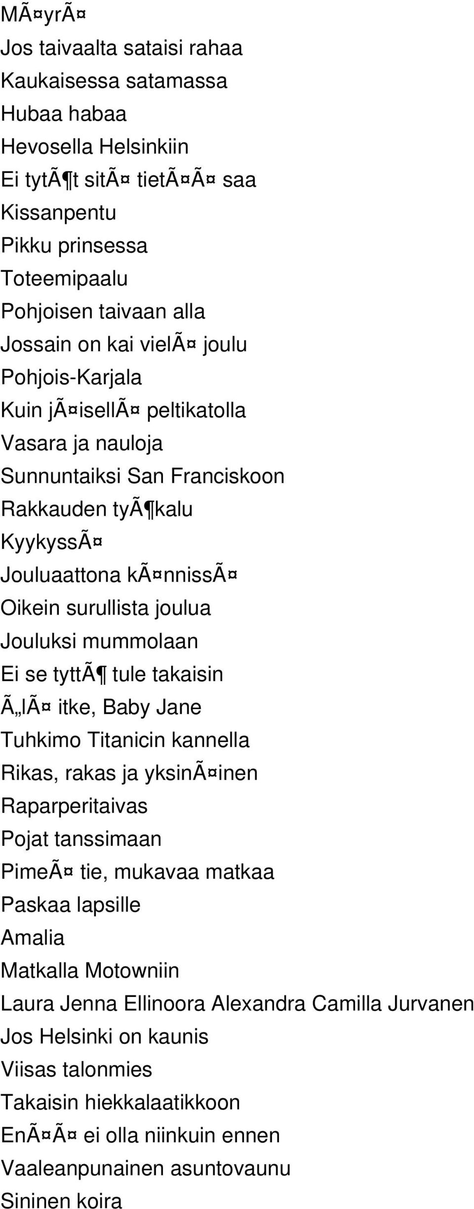 mummolaan Ei se tyttã tule takaisin Ã lã itke, Baby Jane Tuhkimo Titanicin kannella Rikas, rakas ja yksinã inen Raparperitaivas Pojat tanssimaan PimeÃ tie, mukavaa matkaa Paskaa lapsille Amalia