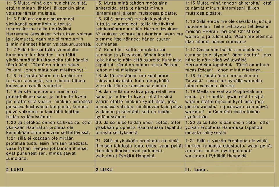 valtasuuruutensa. 1:17 Sillä hän sai Isältä Jumalalta kunnian ja kirkkauden, kun tältä ylhäisimmältä kirkkaudelta tuli hänelle tämä ääni: "Tämä on minun rakas Poikani, johon minä olen mielistynyt.