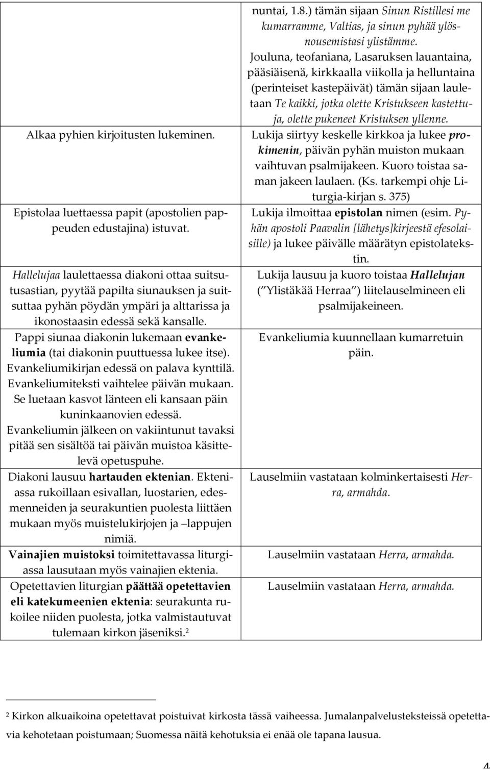 Pappi siunaa diakonin lukemaan evanke- liumia (tai diakonin puuttuessa lukee itse). Evankeliumikirjan edessä on palava kynttilä. Evankeliumiteksti vaihtelee päivän mukaan.