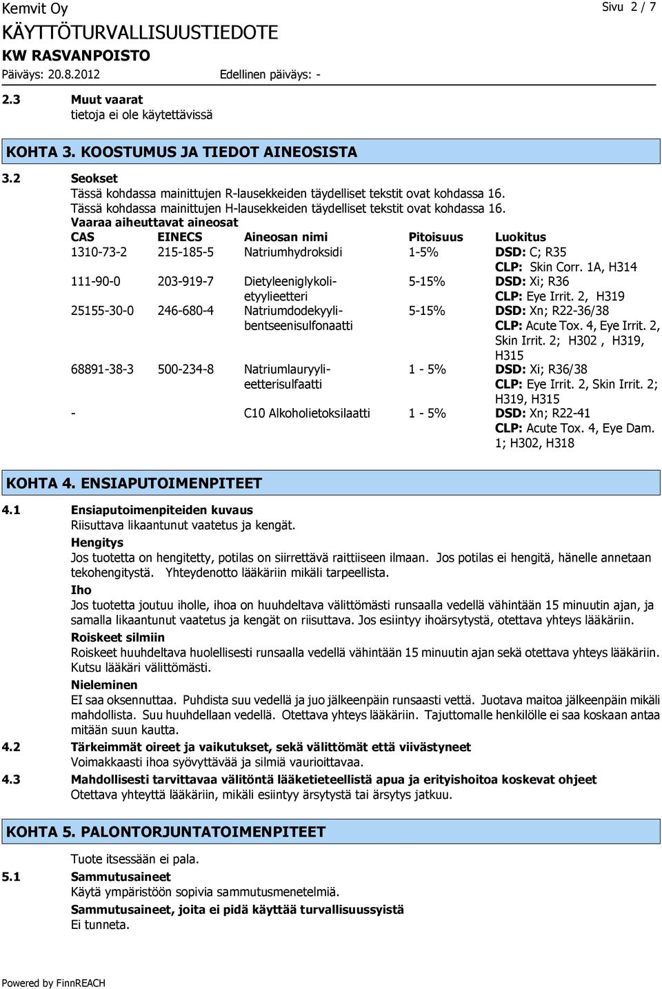 Vaaraa aiheuttavat aineosat CAS EINECS Aineosan nimi Pitoisuus Luokitus 1310-73-2 215-185-5 Natriumhydroksidi 1-5% DSD: C; R35 CLP: Skin Corr.