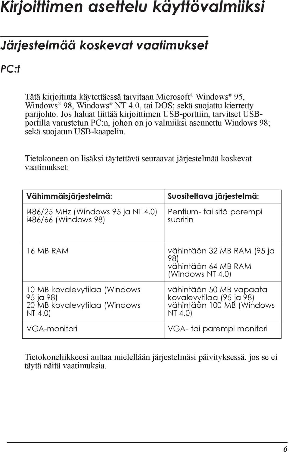 Jos haluat liittšš kirjoittimen USB-porttiin, tarvitset USBportilla varustetun PC:n, johon on jo valmiiksi asennettu Windows 98; sekš suojatun USB-kaapelin.