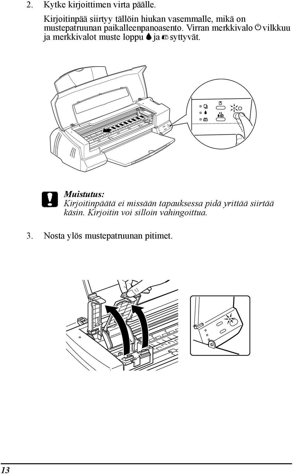 paikalleenpanoasento. Virran merkkivalo ja merkkivalot muste loppu ja syttyvšt.